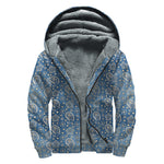 Blue Denim Western Paisley Print Sherpa Lined Zip Up Hoodie
