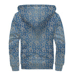Blue Denim Western Paisley Print Sherpa Lined Zip Up Hoodie