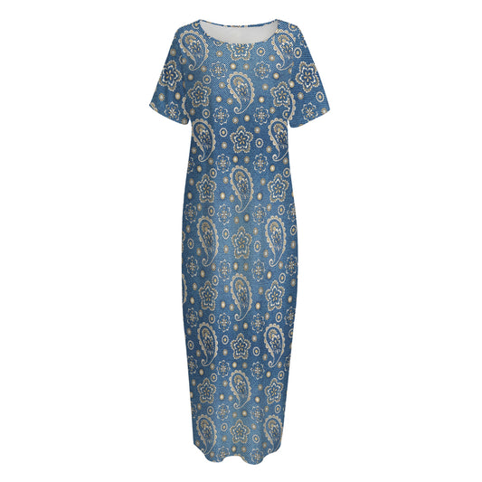 Blue Denim Western Paisley Print Short Sleeve Long Nightdress