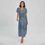 Blue Denim Western Paisley Print Short Sleeve Maxi Dress