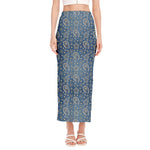 Blue Denim Western Paisley Print Side Slit Maxi Skirt