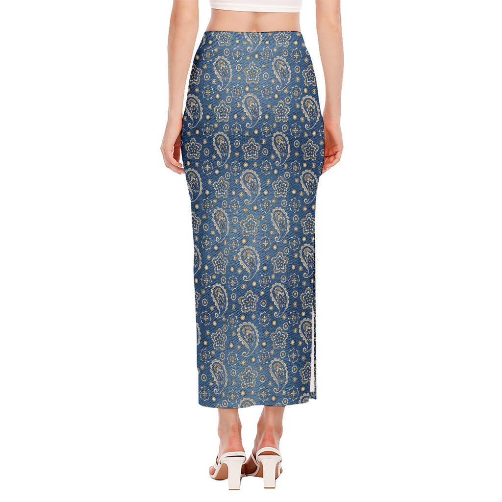 Blue Denim Western Paisley Print Side Slit Maxi Skirt