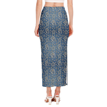 Blue Denim Western Paisley Print Side Slit Maxi Skirt