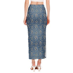 Blue Denim Western Paisley Print Side Slit Maxi Skirt