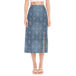 Blue Denim Western Paisley Print Side Slit Midi Skirt
