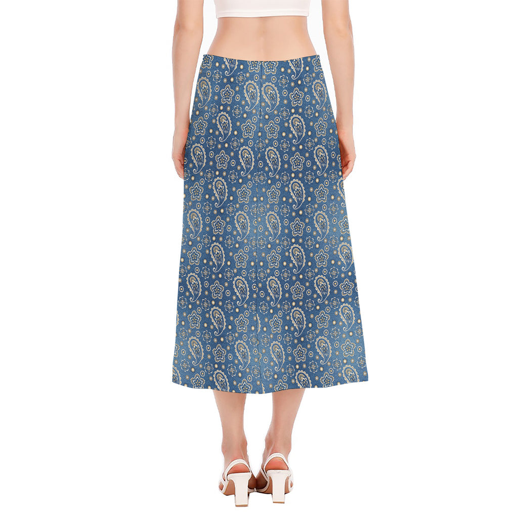 Blue Denim Western Paisley Print Side Slit Midi Skirt