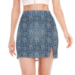 Blue Denim Western Paisley Print Side Slit Mini Skirt