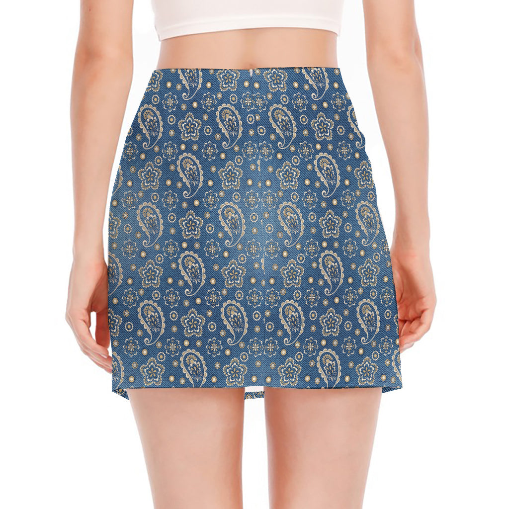 Blue Denim Western Paisley Print Side Slit Mini Skirt