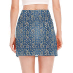 Blue Denim Western Paisley Print Side Slit Mini Skirt