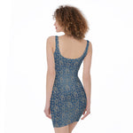 Blue Denim Western Paisley Print Sleeveless Bodycon Dress