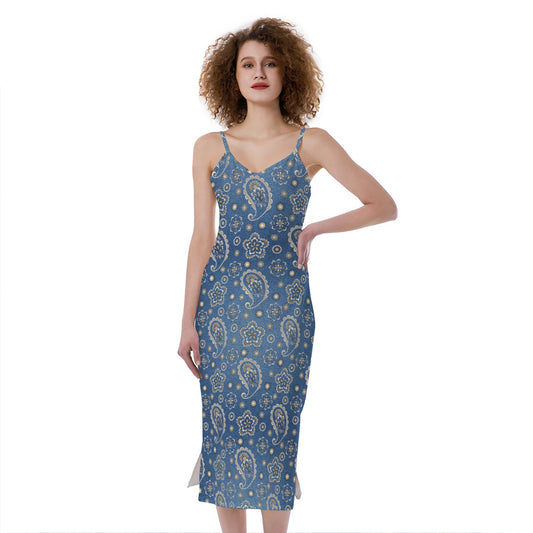 Blue Denim Western Paisley Print Slim Fit Midi Cami Dress