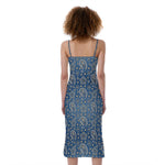 Blue Denim Western Paisley Print Slim Fit Midi Cami Dress