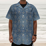 Blue Denim Western Paisley Print Textured Short Sleeve Shirt