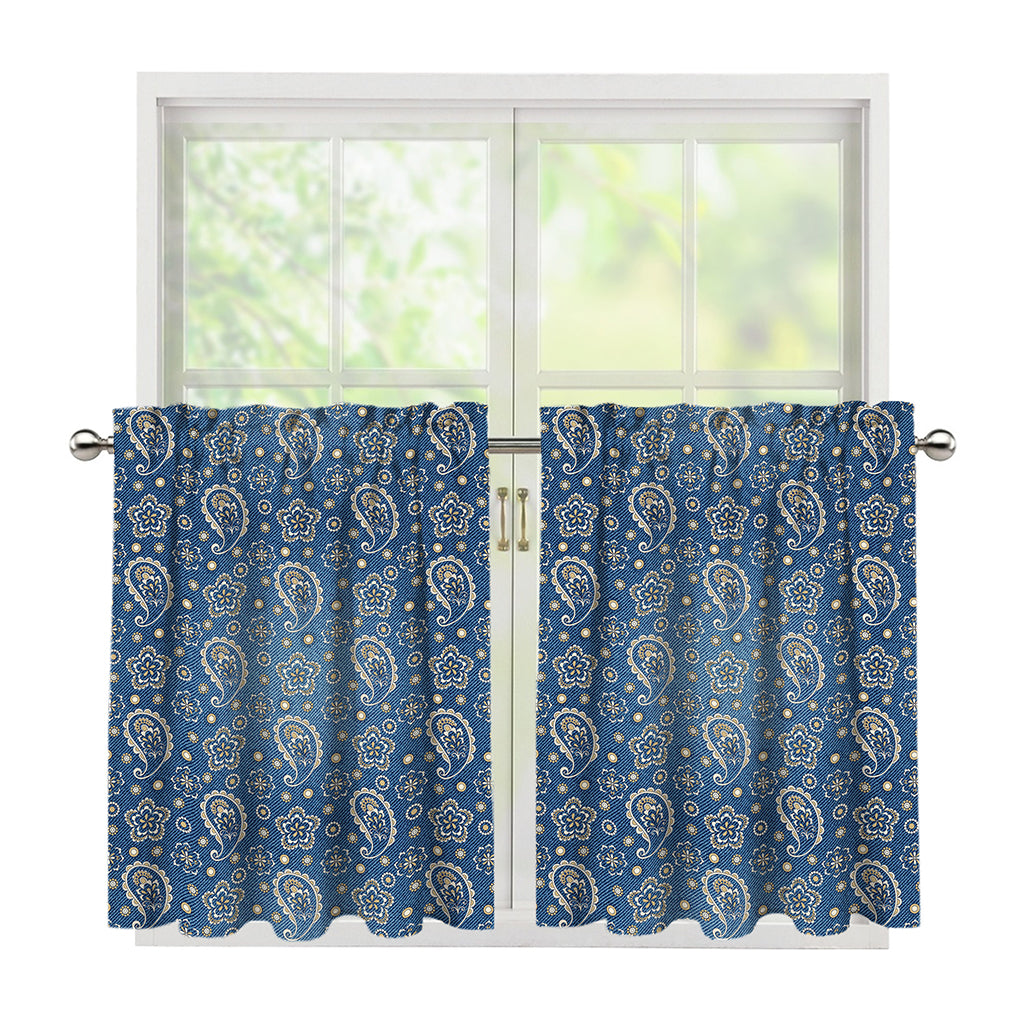 Blue Denim Western Paisley Print Tier Curtains