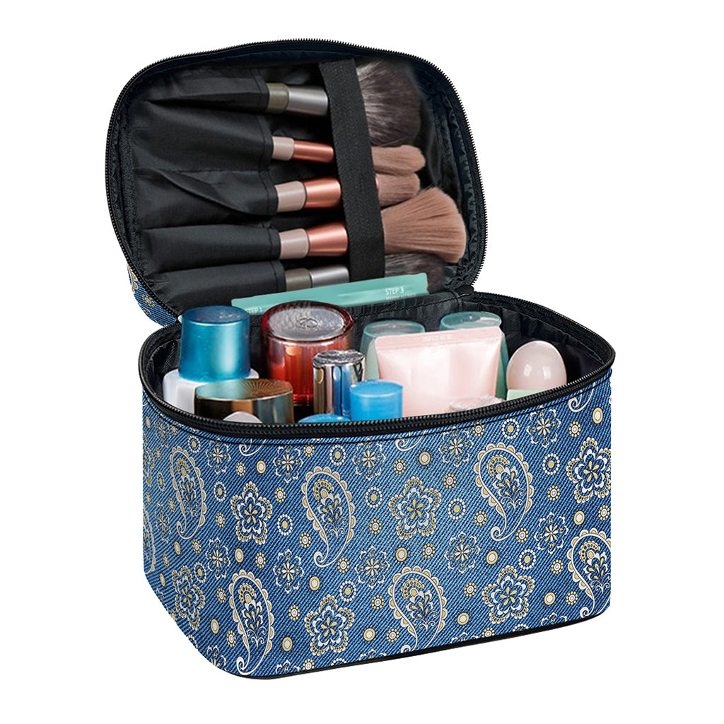 Blue Denim Western Paisley Print Travel Makeup Bag