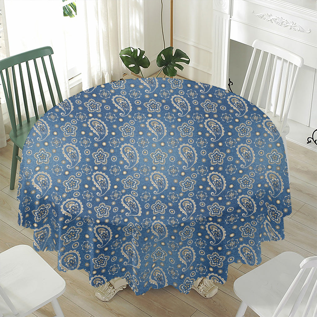 Blue Denim Western Paisley Print Waterproof Round Tablecloth
