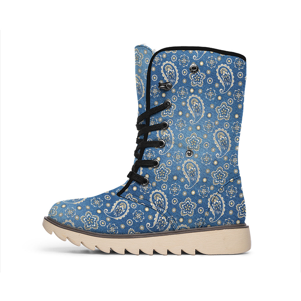 Blue Denim Western Paisley Print Winter Boots