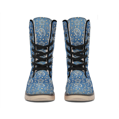 Blue Denim Western Paisley Print Winter Boots