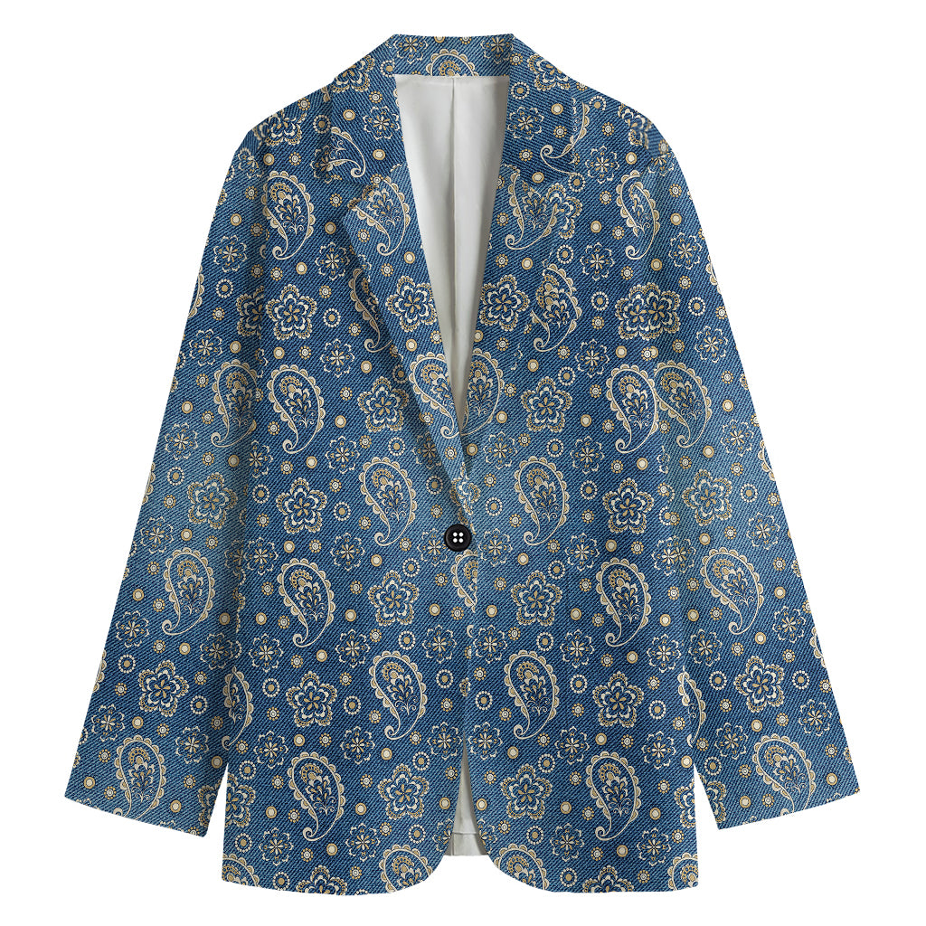 Blue Denim Western Paisley Print Women's Blazer
