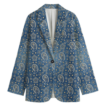 Blue Denim Western Paisley Print Women's Blazer