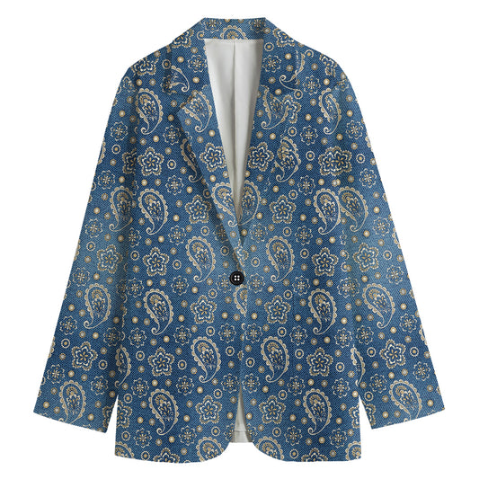 Blue Denim Western Paisley Print Women's Blazer