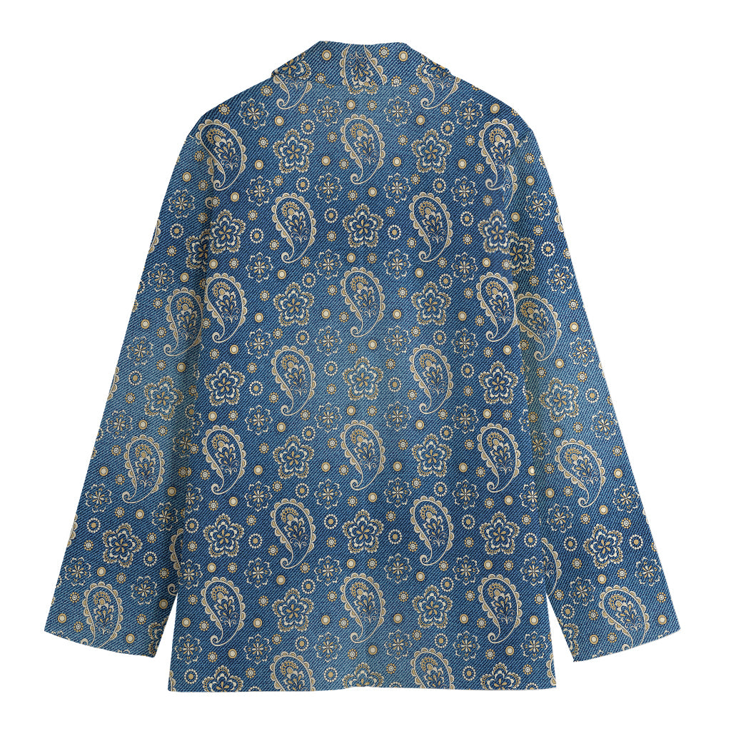 Blue Denim Western Paisley Print Women's Blazer