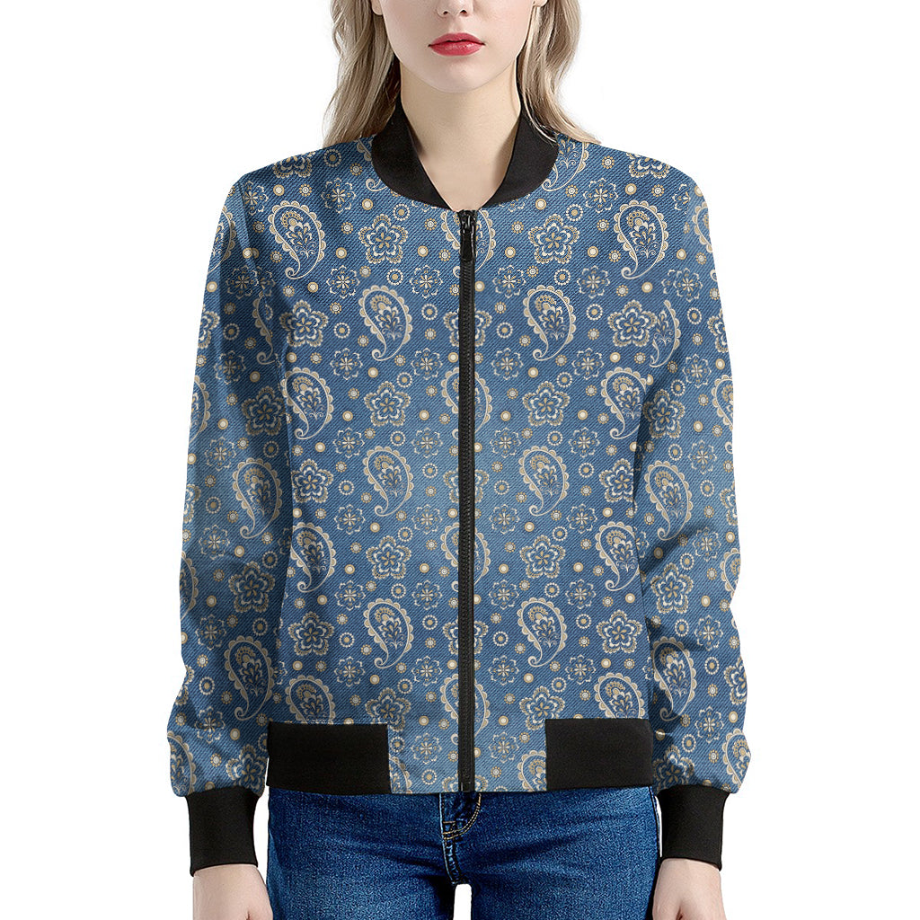 Blue Denim Western Paisley Print Women's Bomber Jacket