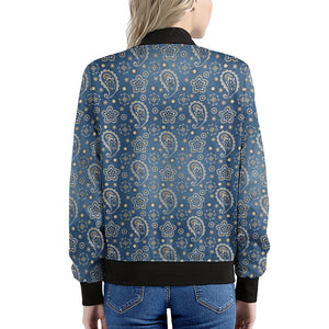 Blue Denim Western Paisley Print Women's Bomber Jacket