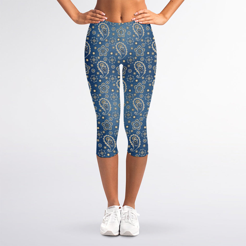Blue Denim Western Paisley Print Women's Capri Leggings