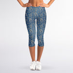 Blue Denim Western Paisley Print Women's Capri Leggings