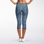 Blue Denim Western Paisley Print Women's Capri Leggings