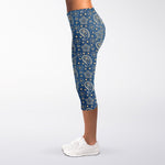 Blue Denim Western Paisley Print Women's Capri Leggings