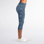 Blue Denim Western Paisley Print Women's Capri Leggings