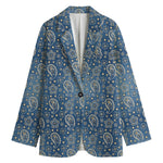 Blue Denim Western Paisley Print Women's Cotton Blazer