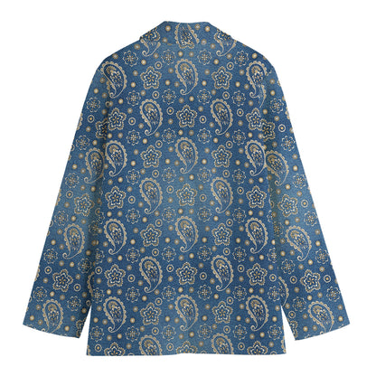 Blue Denim Western Paisley Print Women's Cotton Blazer