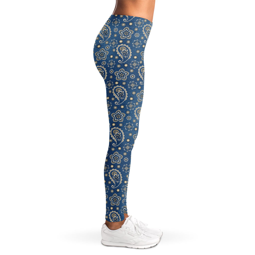 Blue Denim Western Paisley Print Women's Leggings