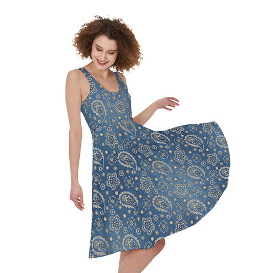 Blue Denim Western Paisley Print Women's Sleeveless Dress