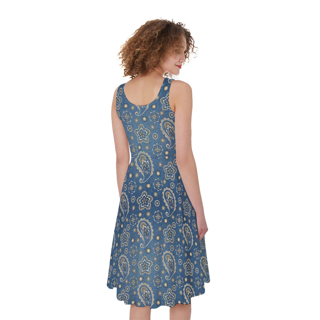 Blue Denim Western Paisley Print Women's Sleeveless Dress