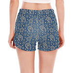 Blue Denim Western Paisley Print Women's Split Running Shorts
