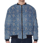Blue Denim Western Paisley Print Zip Sleeve Bomber Jacket