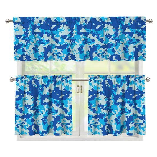 Blue Digital Camo Pattern Print 3 Piece Kitchen Curtains