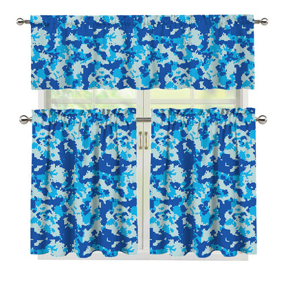 Blue Digital Camo Pattern Print 3 Piece Kitchen Curtains