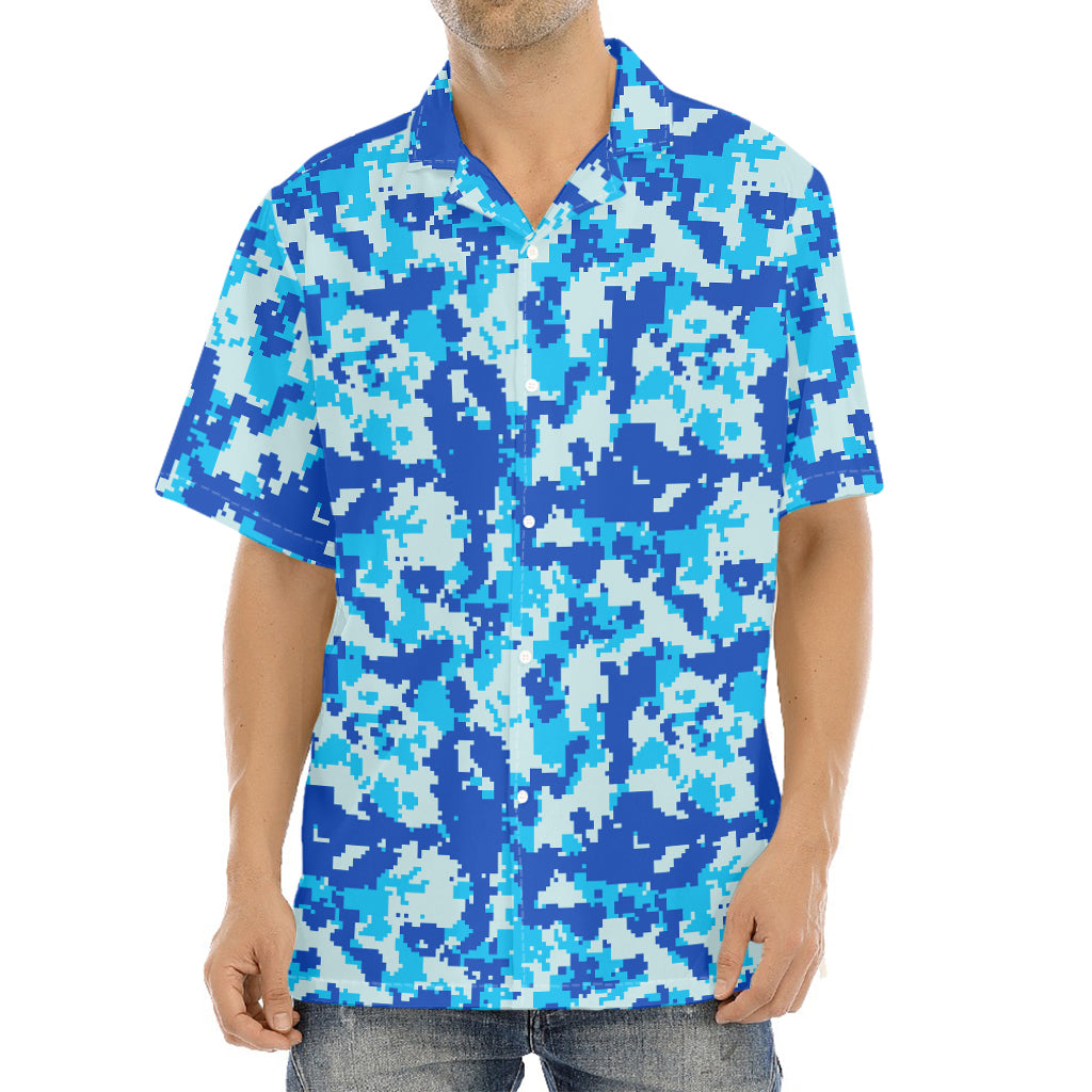 Blue Digital Camo Pattern Print Aloha Shirt