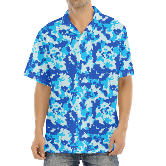 Blue Digital Camo Pattern Print Aloha Shirt