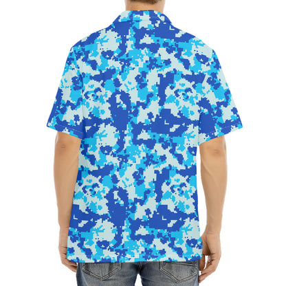 Blue Digital Camo Pattern Print Aloha Shirt
