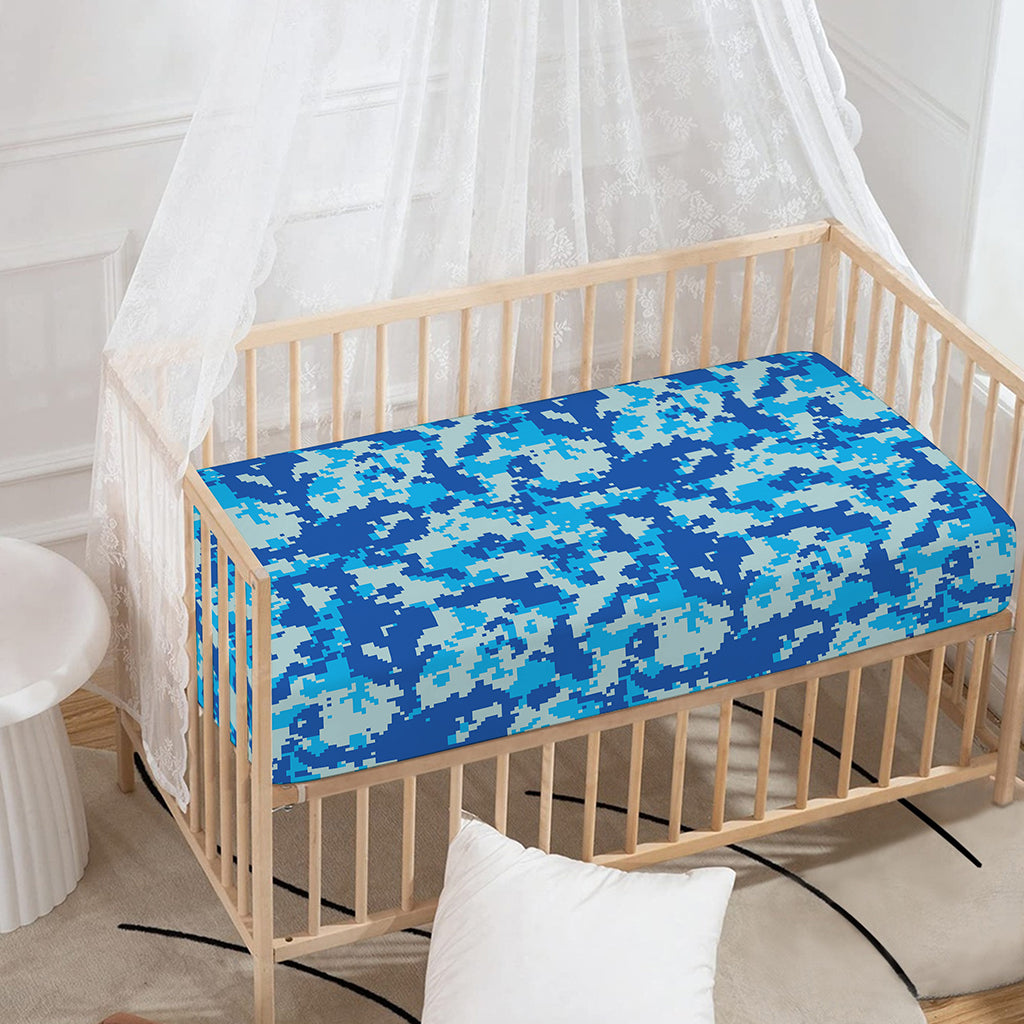 Blue Digital Camo Pattern Print Baby Crib Sheet
