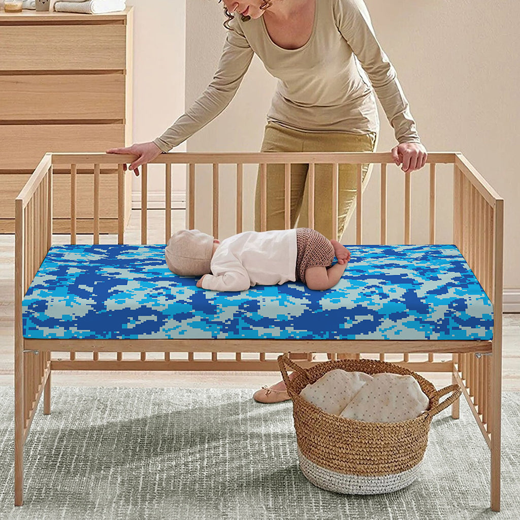 Blue Digital Camo Pattern Print Baby Crib Sheet