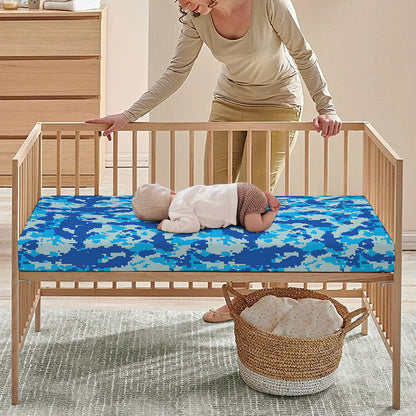 Blue Digital Camo Pattern Print Baby Crib Sheet