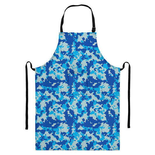Blue Digital Camo Pattern Print Bib Apron With Pocket