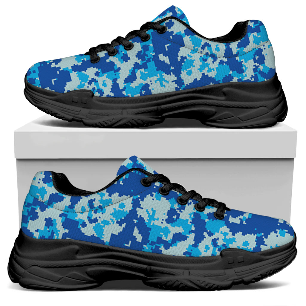 Blue Digital Camo Pattern Print Black Chunky Shoes